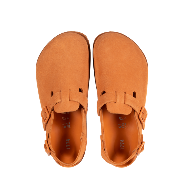 Image 4 of 4 - ORANGE - Birkenstock's Tokio a closed-toe clog in a regular width. The iconic Tokio sillhouette closely follows the contours of the foot featuring adjustable heel and arch straps. Upper: Luxurious fine flesh out suede, a full grain leather that has been flipped to use the fuzzy side. Footbed: Anatomical shaped BIRKENSTOCK cork-latex footbed, covered with premium, color-matching smooth nappa leather. Sole: EVA outsole with a 3mm EVA welt updates the standard die-cut outsole while still ensurin 