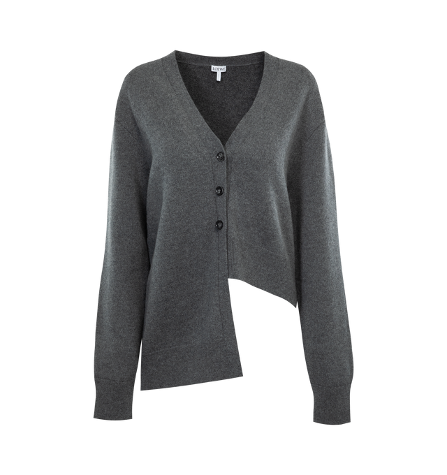 GREY - Loewe Asymmetric cardigan crafted in medium-weight cashmere with terry loopback knit.  Features relaxed fit, regular length with asymmetric construction, V-neck, ribbed collar, cuffs and hem and button front fastening. Made in Italy.