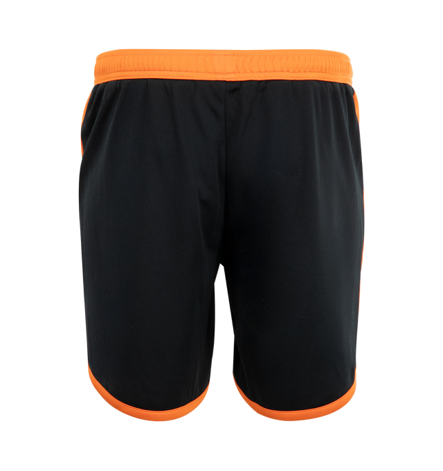 Image 2 of 3 - BLACK - Wales Bonner Home Jersey Shorts featuring colorblocked construction, concealed drawstring at elasticized waistband, two-pocket styling, logo printed at cuffs and vented outseams. 100% polyester. Made in Portugal. 