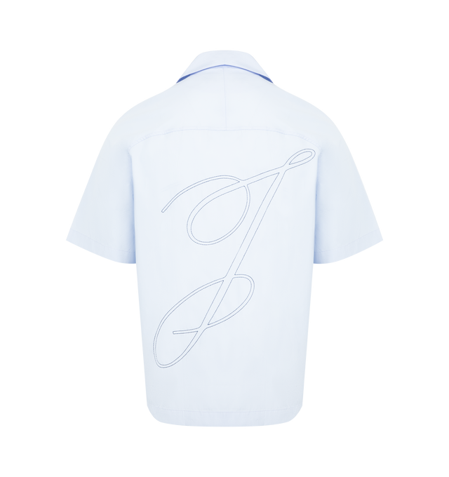 Image 2 of 2 - BLUE - JACQUEMUS Fonccio Shirt featuring relaxed fit, cotton poplin, camp collar, boxy elbow-length raglan sleeves, back yoke, large embroidered J on the the back and Mother-of-pearl buttons. 100% cotton. Made in France. 