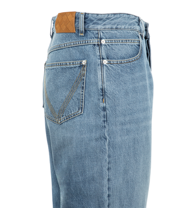 Image 3 of 3 - BLUE - Bottega Veneta men's vintage indigo wash jeans with straight leg, regular waist, button fly and intrecciato suede back patch. Material: 77% viscose, 14% polyester, 8% polyamide, 1% elastane. Made in Italy. 