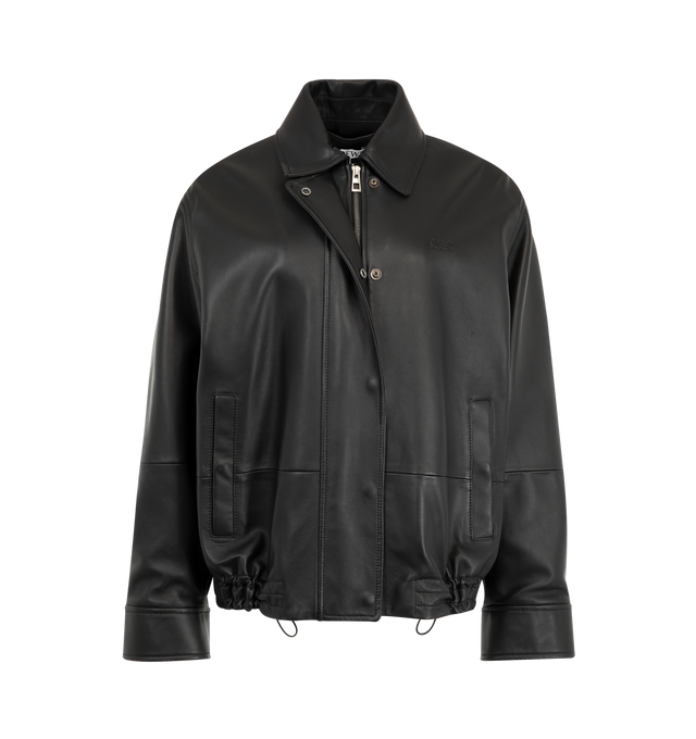 Image 2 of 4 - BLACK - Loewe Women's Drawstring Leather Jacket is crafted from lightweight nappa lambskin and features an adjustable drawstring hem. Designed with a relaxed fit and regular length, it is finished with a classic collar, concealed snap-button and zip-front fastening, snap-button cuffs, buttoned welt pockets, inside welt pockets, and a debossed Double L detail at the chest. Main Material: Nappa lambskin. Fully lined. Made in Spain. 