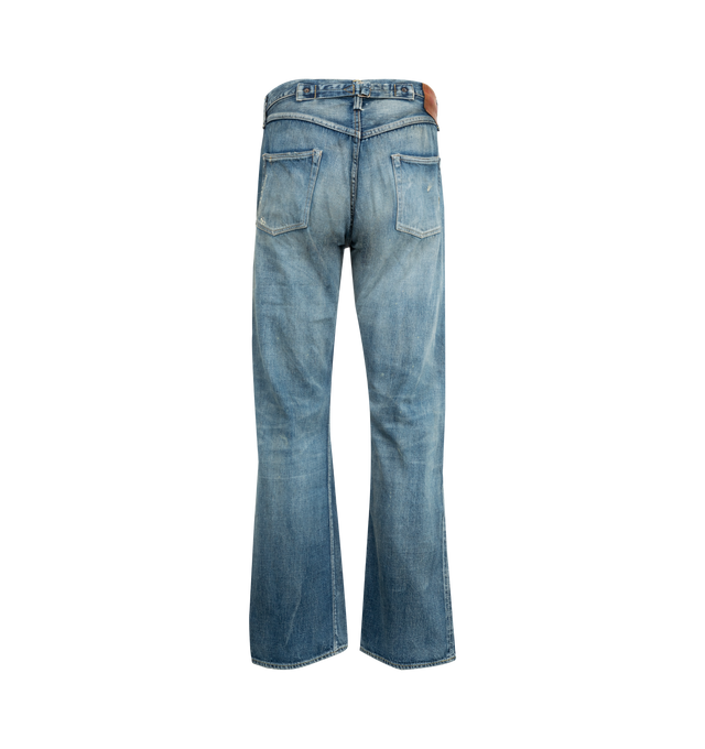 Image 2 of 3 - BLUE - FULLCOUNT 1937 Model Dartford Splatter featuring 11.5oz original selvedge denim, 5 pockets, button closure and distressed throughout. 100% cotton.  