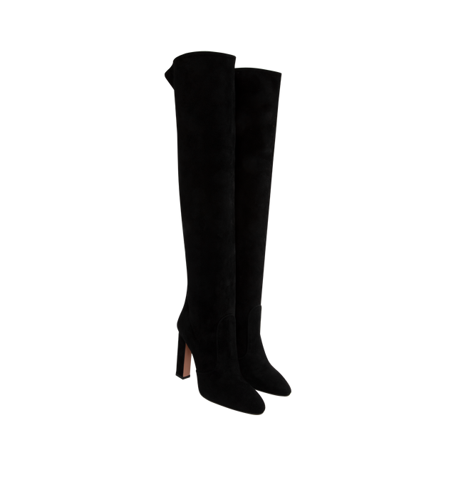 Image 2 of 4 - BLACK - Aquazurra Joplin Boots are a knee-high style with pointy toes, block heels, and leather insoles. Made in Italy.  