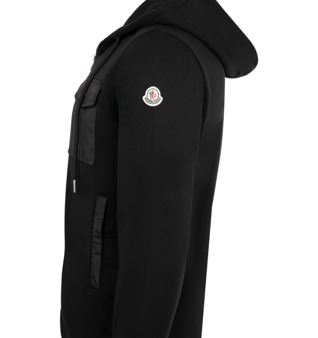 Image 3 of 3 - BLACK - MONCLER Zip Up Hoodie featuring two-way zip fastening, hood with drawstring, ribbed hem and cuffs, nylon chest flap pocket and nylon trim side slit pockets. 87% cotton, 13% polyamide. Trim: 100% polyamide. 