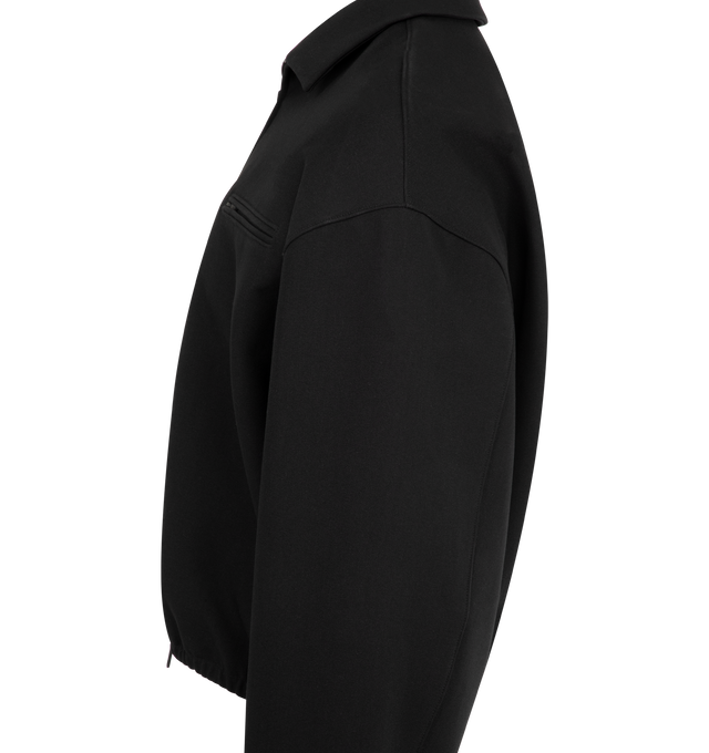 Image 3 of 3 - BLACK - FEAR OF GOD ESSENTIALS Bonded Canvas Jacket made from a bonded stretch fabric featuring a boxy, cropped fit with a shirt collar, full front zipper, and chest pocket with zip closure. Additionally, the Fear of God Essentials label is stitched at the back of the collar. 94% polyester, 6% spandex. 