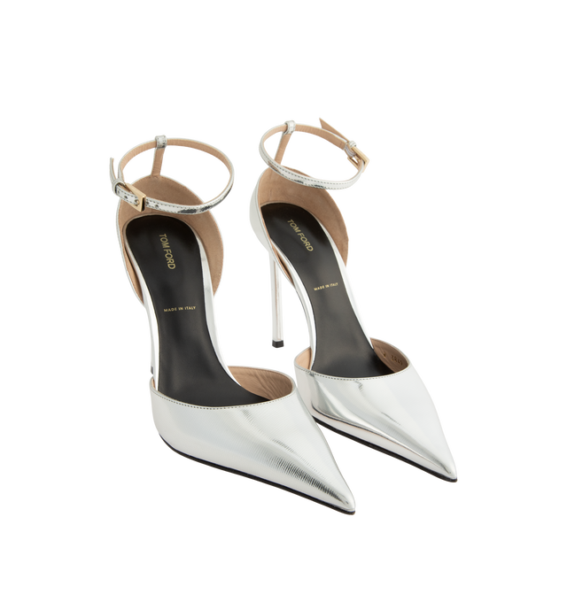 Image 2 of 4 - SILVER - Tom Ford Women's Textured Laminated Leather Ankle Strap Pump is crafted from leather and features a textured laminated finish, a sleek slingback silhouette, pointed toe, and adjustable ankle strap. The elegant profile reflects the houses refined approach to modern evening footwear, while the pointed toe enhances the streamlined design. Main Material: Leather. Upper: Textured Laminated Leather. Closure: Ankle Strap. Toe: Pointed. Silhouette: Slingback. Made in Italy. 