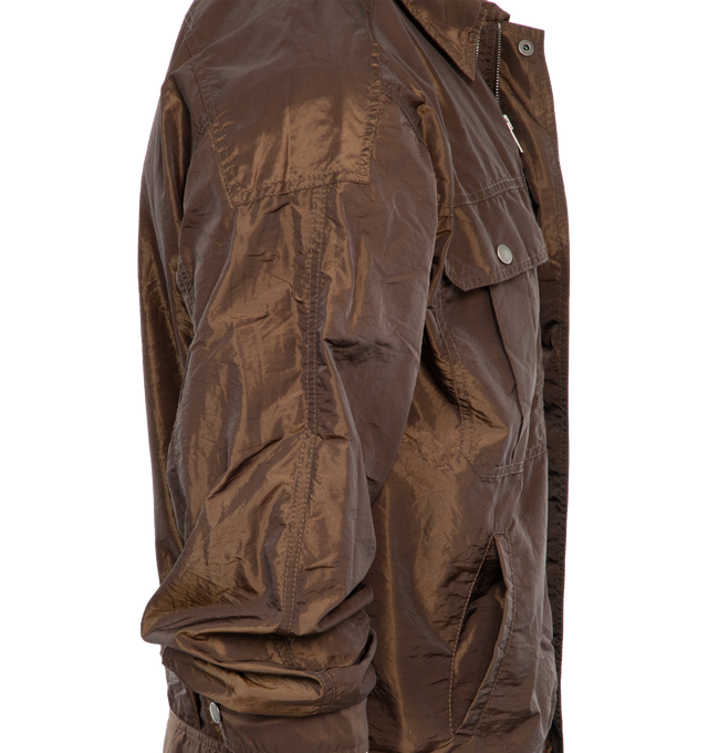 Image 3 of 4 - BROWN - SAINT LAURENT 80's Army Jacket featuring concealed front zip closure, two box pleated patch pocketswith flaps, two welt pockets, pointed collar, snap button cuffs and adjustable snap button tabs at side hem. 70% polyamide, 30% polyester. 