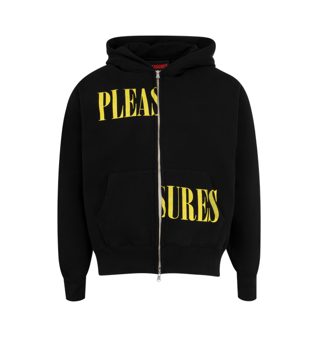 Image 1 of 2 - BLACK - Pleasures Split Zip Front Hoodie has an attached hood, a 2-way zip front closure, printed graphics, and ribbed trims.  