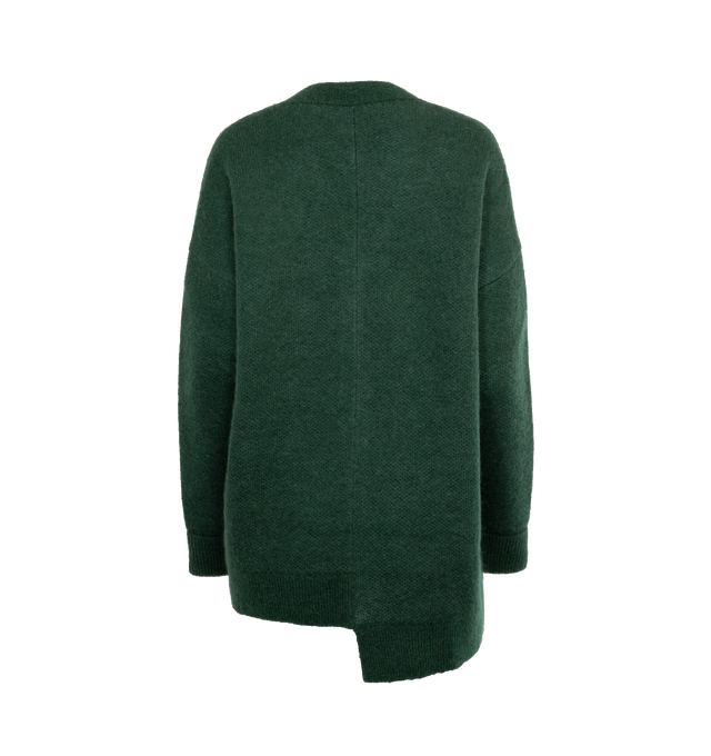 GREEN - LOEWE ASYMMETRIC CARDIGAN is crafted in medium-weight green mohair and wool blend. This cardigan is part of the LOEWE x Suna Fujita collaboration. It has a double face jacquard, oversized fit, long length, lemur and Anagram embroideries at the chest, V-neck, ribbed cuffs and hem, button front fastening and asymmetric hem. 60% mohair, 34% polyamide, 6% wool; trim: 100% viscose