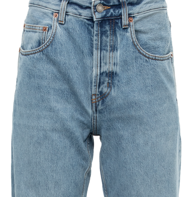 Image 3 of 3 - BLUE - SAINT LAURENT Long Baggy Jeans featuring high waist, five pocket style, baggy fit, long, wide leg and button fly. 100% cotton. Made in Italy. 