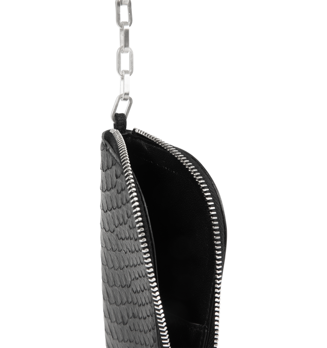 Image 3 of 3 - BLACK - RICK OWENS Hook Wallet featuring grained buffalo leather wallet, logo embossed at face, chain link with clasp at top, zip closure, unlined and logo-engraved silver-tone hardware. H4.5" x W3" x D0.5". Buffalo leather. Made in Italy. 