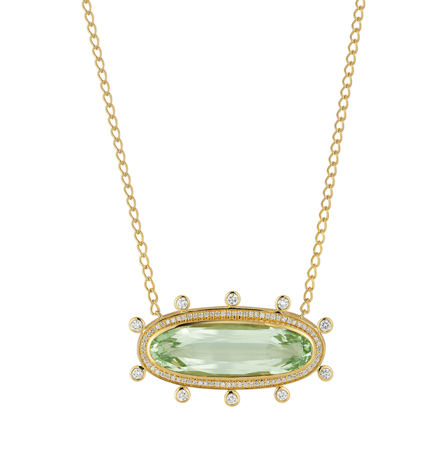 Image 1 of 1 - GREEN - Renna Horizon Necklace is crafted in 18K yellow gold and features a refined silhouette with a combination of pav and bezel-set brilliant-cut diamonds inspired by the quiet shimmer where light meets water at the horizon. Suspended from a delicate chain, this designer fine jewelry necklace combines sculptural elegance with exceptional craftsmanship, creating a timeless piece for effortless everyday wear or special occasions. Main Material: 18K Yellow Gold. Gemstones: Approximately 0.37  