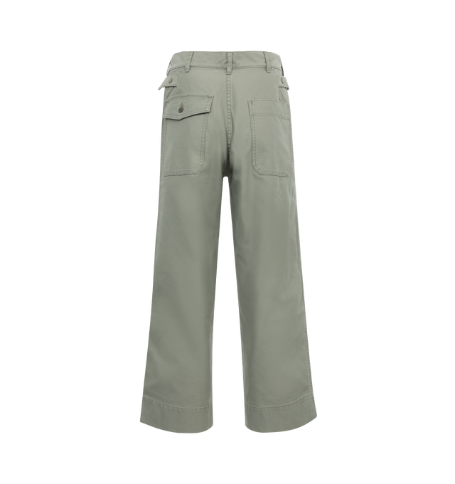 Image 2 of 3 - GREEN - Chimala US Airforce inspired cargo pants featuring six pockets design, front button fastening, adjustable buttoned tabs on the waist and straight, slightly oversize fit. Handmade in Japan. 