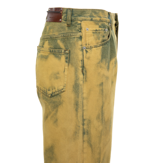 Image 2 of 3 - YELLOW - DRIES VAN NOTEN Garment-Dyed Jeans featuring garment-dyed non-stretch denim, bleached effect throughout, belt loops, five-pocket styling, button-fly, riveted leather logo patch at back waistband and logo-engraved silver-tone hardware. 100% cotton. Made in Italy. 