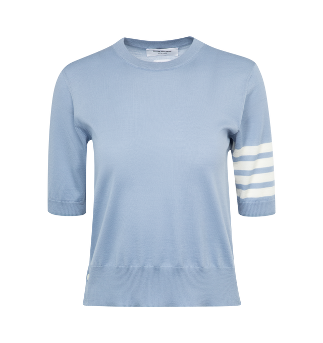 Image 1 of 2 - BLUE - Thom Browne intarsia knit short sleeve tee crafted from Merino wool featuring 4 bar stripe detail on the left sleeve.  