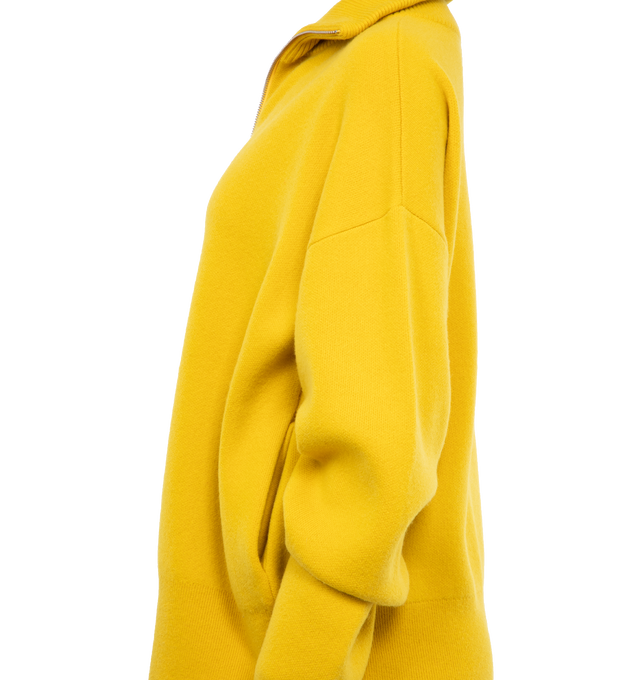 YELLOW - EXTREME CASHMERE Xtra Out Cardigan featuring mock neck, long sleeves, ribbed cuffs and hem, two side slit pockets, multicolour embroidered motif and front two-way zip fastening. 100% cashmere.