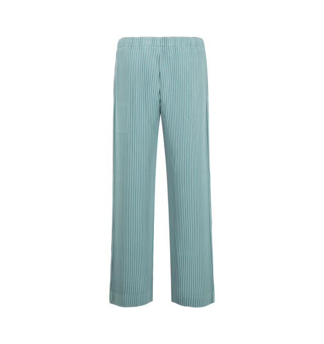 Image 2 of 3 - BLUE - Issey Miyake Color Pleats 2 Pants are sporty, brightly colored straight pants. They are characterized by their portability and light comfort with the unique quick-drying property of polyester material. There are pockets on both sides and a drawcord at the waist, along with a button-fly design. Material: 100% Polyester. Made In Japan. 