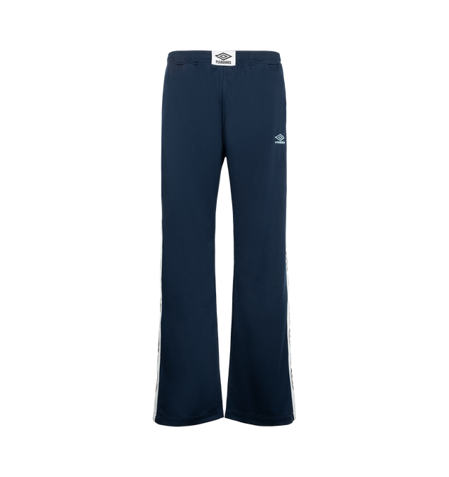 Image 1 of 3 - NAVY - Pleasures Men's Bootcut Track Pants are crafted from poly-tricot fabric and feature a streamlined bootcut silhouette. Designed for everyday comfort, the style is finished with signature jacquard taping along the sides for a sport-inspired look. Main Material: 100% Poly-Tricot 