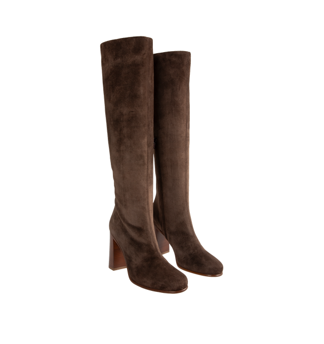 Image 2 of 4 - BROWN - Khaite Willow Knee High Boots have a round toe and side zipper with a stacked heel. Lined. 100% calfskin. Made in Italy.  