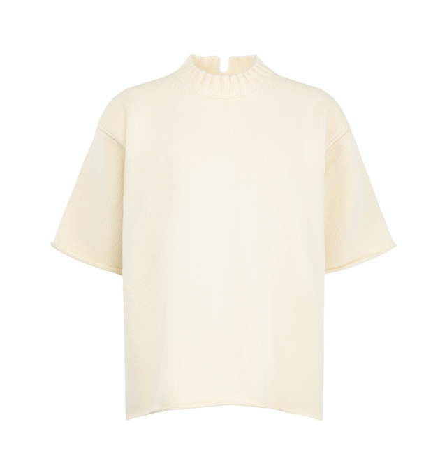 Image 1 of 3 - NEUTRAL - Bottega Veneta Women's short-sleeve knit sweater is a luxurious, boxy top crafted for a relaxed silhouette featuring a ribbed mock neckline with a front slit detail. Materials: 83% Wool 23% Polyester 2% Cashmere. 