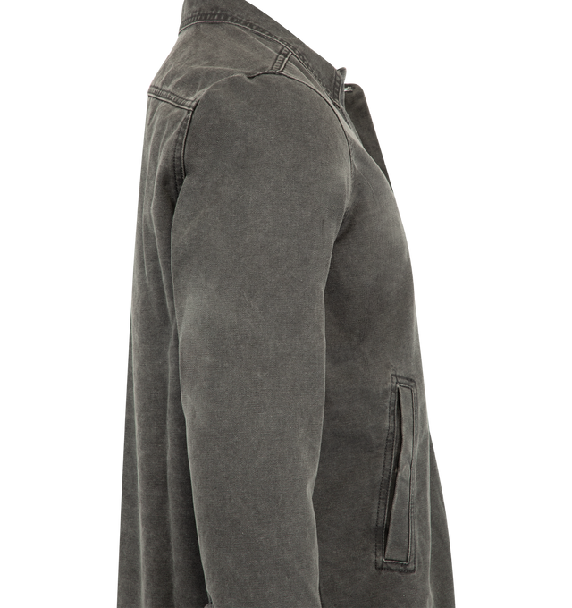 Image 3 of 3 - GREY - Rick Owens DRKSHDW Men's Brad Jacket is crafted from stone-washed cotton canvas and features a straight fit, hip-length silhouette, five-button front closure, classic collar, diagonal welt pockets, and buttoned cuffs. Main Material: 100% Cotton.  