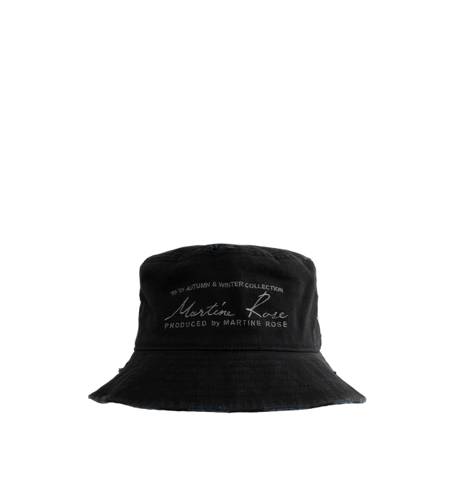 Image 1 of 2 - BLACK - MARTINE ROSE Signature Bucket Hat featuring distressing throughout, logo embroidered on front and bucket brim. 100% cotton.  