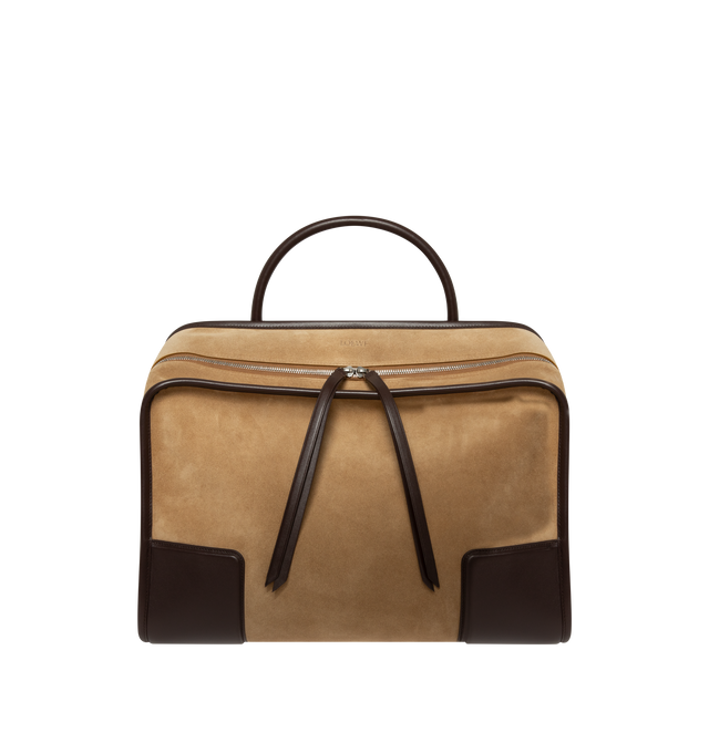 Image 1 of 5 - BROWN - Loewe Mens Amazona 180 XL Bag is crafted from suede with soft calfskin details. Features a relaxed silhouette, single toron top handle, removable shoulder handle, adjustable crossbody strap, zip closure with two leather pullers, two compartments with concealed magnetic closure, interior flat pocket, side D-ring, suede and nappa lambskin lining, palladium-tone hardware, and embossed LOEWE and Double L branding. Dimensions: 40  31  16 cm; Strap Length: 105133 cm; Strap Drop: 4761 cm; Ha 