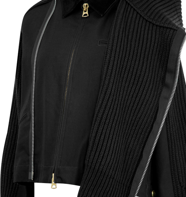 Image 4 of 4 - BLACK - Sacai x Carhartt WIP Women's Duck x Wool Knit Blouson is a hybrid of Carhartt WIPs Detroit Jacket and sacais knit blouson. Featuring two front layers on the body and sleeves, made from Carhartt WIPs duck canvas fabric, with rib-knit, spun wool and nylon yarn, an asymmetric front opening with a double zipper, and a high neck that can be worn up or down to form a flat collar, and co-branded woven label. A co-branded woven label appears on the front. Organic cotton canvas, Knit material  