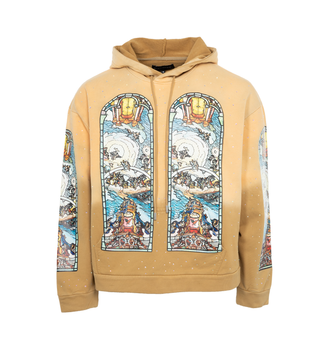 BROWN - WHO DECIDES WAR Chalice Hoodie featuring french terry, fading, crystal-cut detailing, graphics printed throughout, drawstring at hood, kangaroo pocket and dropped shoulders. 100% cotton. Made in China.