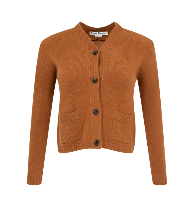 Image 1 of 2 - ORANGE - Acne Studios Women's Cashmere Button-Up Cardigan is crafted from soft cashmere and features a V-neckline with a fitted, shrunken silhouette. Designed with a below-waist length, the cardigan is finished with a front button closure, long sleeves, front patch pockets, and rib-knit trim for a refined everyday look. Main Material: 100% Cashmere.  