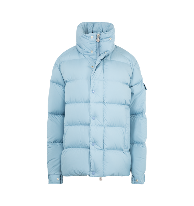 Image 2 of 4 - BLUE - MONCLER Maya 70 Hooded Short Down Jacket featuring recycled polyester, polyester lining, down-filled, detachable and adjustable hood, zipper and snap button closure, zipped pockets, sleeve pocket with snap button closure, adjustable cuffs, hem with drawstring fastening and logo. 100% polyester. Padding: 90% down, 10% feather. 