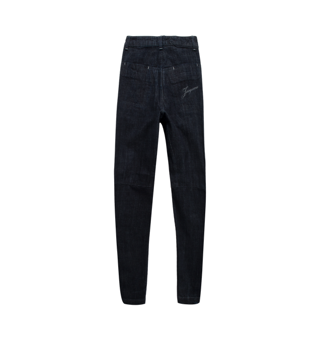 Image 2 of 2 - NAVY - JACQUEMUS Le De Nmes Cargo Jeans featuring paneled construction, four-pocket styling, zip-fly, embroidered logo on back and zipper at ankles. 100% cotton. 