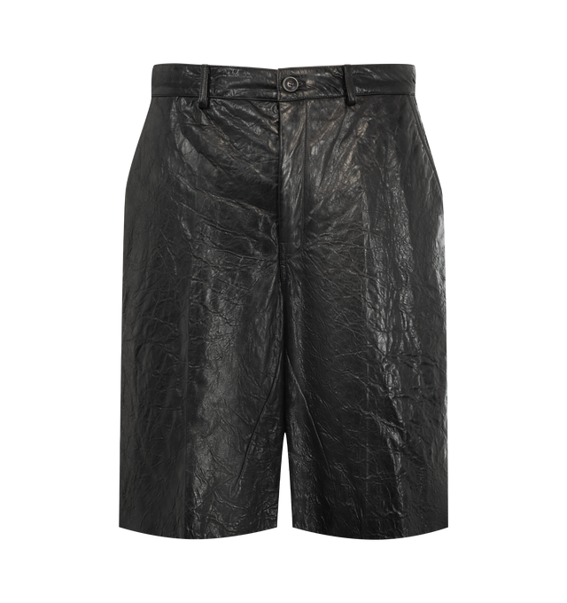 Image 1 of 3 - BLACK - Rick Owens Mens Leather Work Shorts are crafted from a textured leather material. Feature a knee-length silhouette, button closure with belt loops, diagonal side pockets, back pockets, and pressed front and back creases. Main Material: 100% Leather. Made in Moldova. 