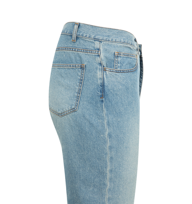 Image 3 of 3 - BLUE - THE ROW Fred Jean featuring relaxed fit, lightweight denim with tonal topstitching, classic 5-pocket construction, and zipper fly closure. 100% cotton. Made in Japan. 