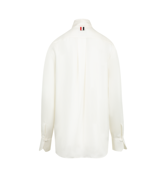 Image 3 of 3 - WHITE - THOM BROWNE Bow Silk Twill Shirt featuring a tie-neckline with a removable bow detail, grosgrain ribbon details the nape of the neck, band collar, long sleeves, barrel cuffs, shirttail hem and button-front closure. 100% silk. Made in Italy. 