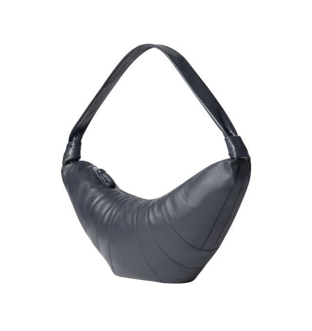 Image 2 of 3 - GREY - LEMAIRE Large Croissant Bag featuring quilted nappa lambskin shoulder bag, knotted detailing at crossbody strap, zip pocket at side, zip closure, detachable zip pouch at interior, patch pocket at interior, cotton canvas lining and silver-tone hardware. H11" x W23" x D2.5". Lambskin. Made in Spain. 