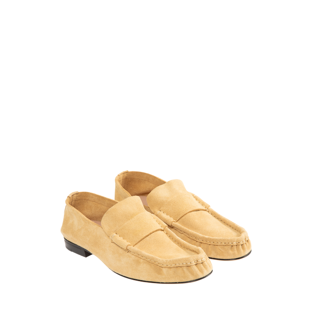 Image 2 of 4 - NEUTRAL - The Row Lightweight moccasin in soft calfskin suede with oval toe, stitched vamp strap, and stacked 0.39" heel. 100% Calfskin Suede with leather sole. Made in Italy. 
