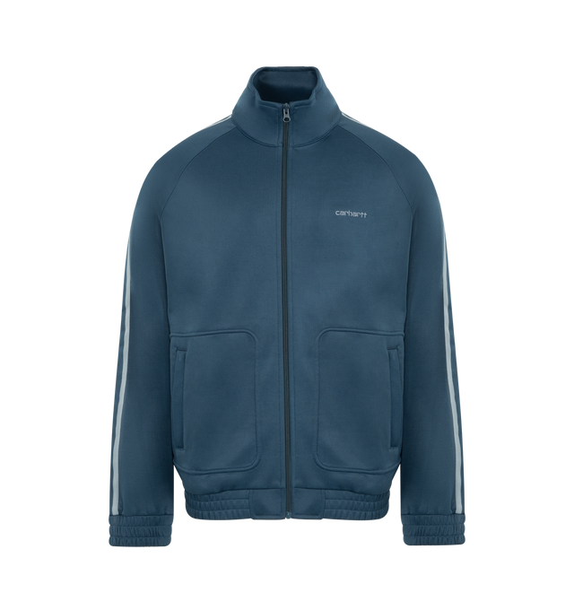 Image 1 of 3 - BLUE - CARHARTT WIP Bolar Sweat Jacket featuring a loose fit, midweight, unbrushed polycotton fabric, raglan sleeves, knitted tape detailing on the arms, welt pockets on the front and an embroidered Script Logo. 64% polyester, 36% cotton. 