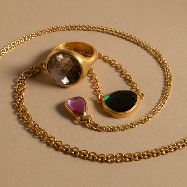  Eli Halili Ruby gold necklace, green tourmaline gold necklace and brown sapphire ring