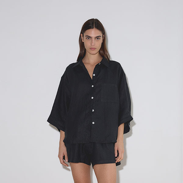 Woman wearing Deiji Studios pajama set 03 black