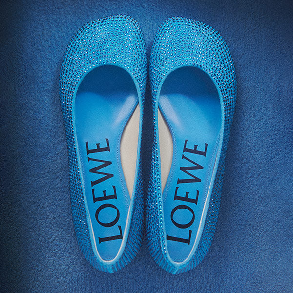 LOEWE Toy Strass Ballerina Flats featuring blue suede kidskin and all over rhinestones 