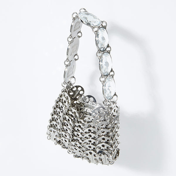 Rabanne Micro bag made of silver discs and clear jeweled handle