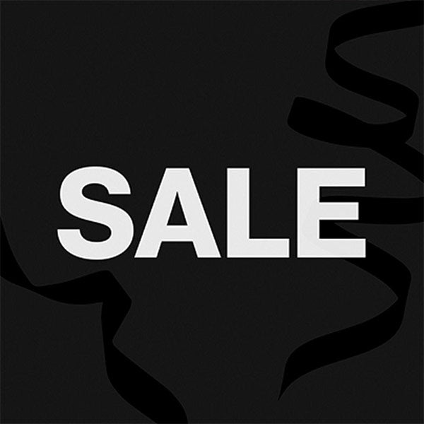 White 'SALE' text on a black background with decorative ribbons.