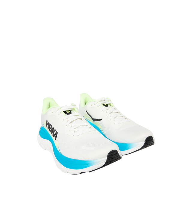 Image 2 of 5 - WHITE - Hoka Mens Clifton 11 Running Shoes feature an engineered mesh upper with reflective details and 3D-printed overlays. Designed with a CMEVA midsole, Rearfoot-Focused Active Foot Frame, MetaRocker geometry, open-cell sockliner, double-lace lock system, and Durabrasion rubber outsole for lightweight cushioning, stability, and everyday road running. Upper: Engineered Mesh; Midsole: CMEVA; Outsole: Durabrasion Rubber. Imported. 