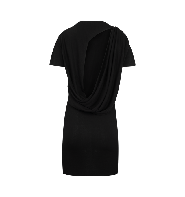 Image 2 of 2 - BLACK - Jacquemus Women's Plunging Back Mini Dress is crafted from fluid viscose jersey and features a fitted mini silhouette, a boat neckline, fitted short sleeves, and a draped open back. Finished with an embroidered "J" logo at the hip, this streamlined design combines clean lines with a distinctive back detail. Main Material: 83% Viscose, 17% Polyamide. Made in Portugal. 