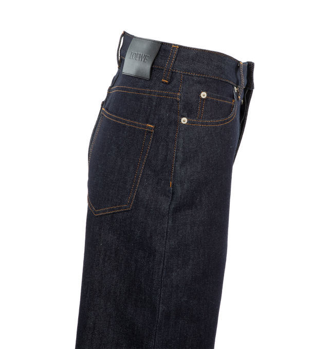 Image 2 of 3 - BLUE - LOEWE High Waisted Jeans featuring regular fit, long length, high waist, slouchy leg, concealed button fastening, five pocket style and LOEWE embossed leather patch placed at the back. 100% cotton. Made in Italy. 