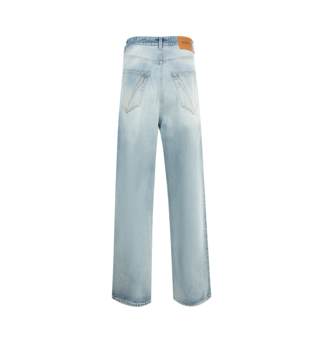 Image 2 of 3 - BLUE - Vetement Embroidered Logo Baggy Jeans are a 5-pocket style with a logo embroidered at the front, a leather logo patch at the back, silver and copper-tone hardware, and fading and whiskering throughout. 100% cotton. Made in Italy. 