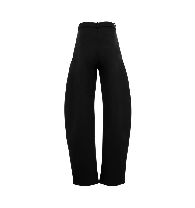 Image 2 of 3 - BLACK - ALAA Wool gabardine barrel-leg pants featuring a curved cut, high waist, zipper, and belt loops. Made in Italy. 98% VIRGIN WOOL, 2% ELASTANE. 