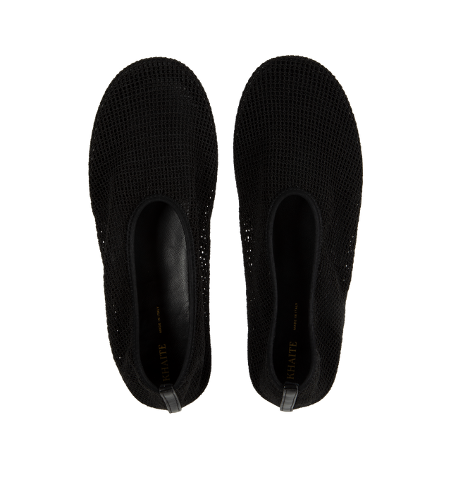 Image 4 of 4 - BLACK - KHAITE Maiden Flat featuring stretch mesh upper with leather trim and leather sole, pull-on styling, leather footbed, open mesh construction and round toe. Made in Italy. 